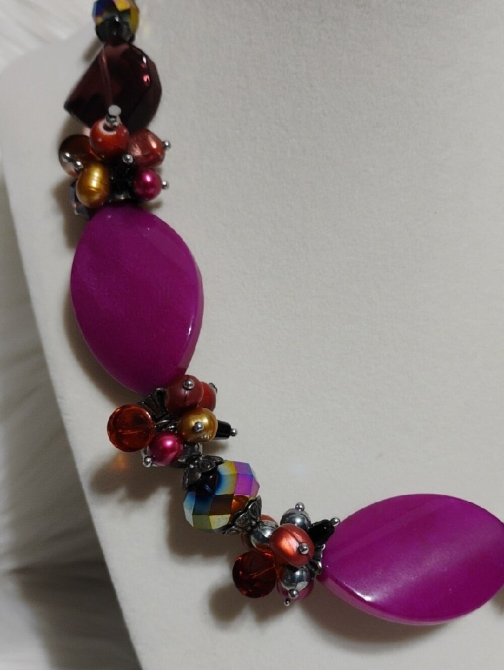 Statement Necklace W Fuchsia Chalcedony & Semi Precious Stones - Picture 2 of 7